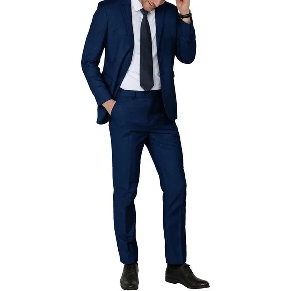 Men's Navy Single Breasted Peak Lapel 2 Piece Two Button Blazer Wedding - Picture 6 of 7